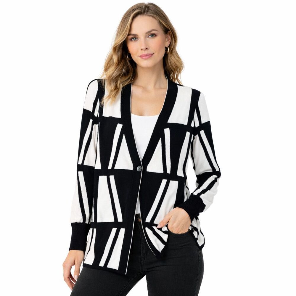 Chicos Cardigan Sweater Womens S Black White Geometric Button Front Knit